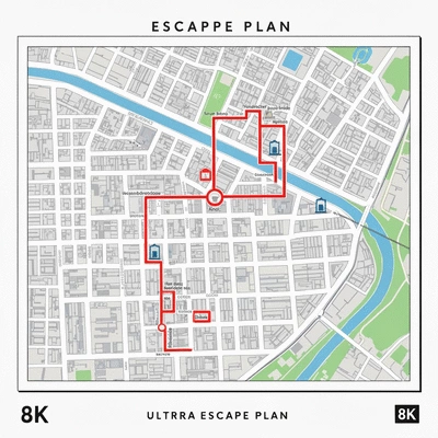 City escape plan map with routes and landmarks
