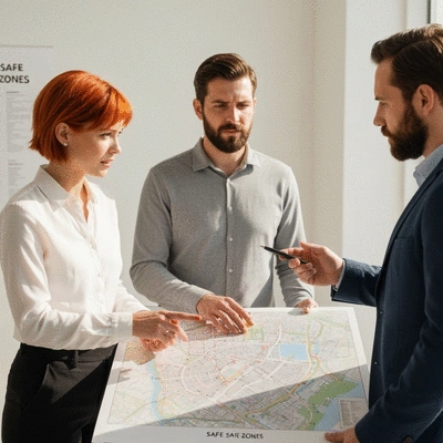 Urban planners discussing safe zones around a map