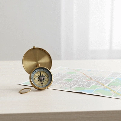 Compass and paper map on wooden table for urban navigation