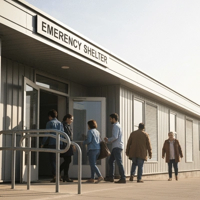 Emergency shelter exterior with people entering