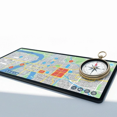 Urban crisis navigation concept with city map and compass