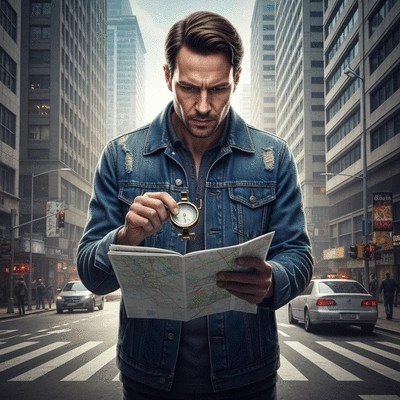 Person using compass and map in urban environment emergency preparation